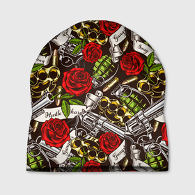 Шапка 3D с принтом Мафия   кастеты, гранаты, пистолеты и розы в Новосибирске, 100% полиэстер | универсальный размер, печать по всей поверхности изделия | гангстеры | граната | гранаты | кастет | мафия | паттерн | пистолет | розы | ствол | текстура