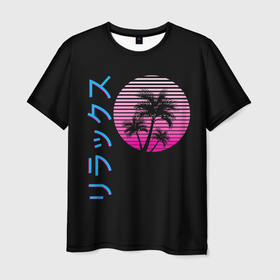 Мужская футболка 3D с принтом Закат Градиент , 100% полиэфир | прямой крой, круглый вырез горловины, длина до линии бедер | Тематика изображения на принте: gradient | hieroglyphs | neon | night | palm | sunset | tree | trees | градиент | закат | иероглифы | неон | неоновые | ночь | пальма | пальмы | сансет