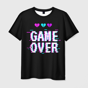 Мужская футболка 3D с принтом Game Over Pixels в Белгороде, 100% полиэфир | прямой крой, круглый вырез горловины, длина до линии бедер | game | heart | neon | over | pixels | валентинка | игра | неон | неоновые | окончена | пиксели | разбитое | разбитые | сердца | сердце