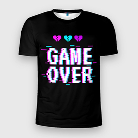 Мужская футболка 3D Slim с принтом Game Over Pixels , 100% полиэстер с улучшенными характеристиками | приталенный силуэт, круглая горловина, широкие плечи, сужается к линии бедра | game | heart | neon | over | pixels | валентинка | игра | неон | неоновые | окончена | пиксели | разбитое | разбитые | сердца | сердце