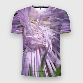 Мужская футболка 3D Slim с принтом Астра в стиле хаос в Петрозаводске, 100% полиэстер с улучшенными характеристиками | приталенный силуэт, круглая горловина, широкие плечи, сужается к линии бедра | астра | беспорядок | дача | игла | лепесток | лето | природа | растение | тонкий | участок | фазенда | фиолетовый | хоас | цветение | цветовод | цветоводство | цветок | цветы