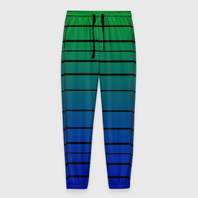 Мужские брюки 3D с принтом Черные полосы на синем, зеленом градиенте в Санкт-Петербурге, 100% полиэстер | манжеты по низу, эластичный пояс регулируется шнурком, по бокам два кармана без застежек, внутренняя часть кармана из мелкой сетки | Тематика изображения на принте: black stripes | blue | gradient | green | horizontal | lines | minimalism | ombre | simple | striped | stripes | горизонталь | градиент | зеленый | линии | минимализм | омбре | полосатый | полосы | простой | синий | черные полосы