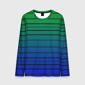 Мужской лонгслив 3D с принтом Черные полосы на синем, зеленом градиенте в Екатеринбурге, 100% полиэстер | длинные рукава, круглый вырез горловины, полуприлегающий силуэт | black stripes | blue | gradient | green | horizontal | lines | minimalism | ombre | simple | striped | stripes | горизонталь | градиент | зеленый | линии | минимализм | омбре | полосатый | полосы | простой | синий | черные полосы