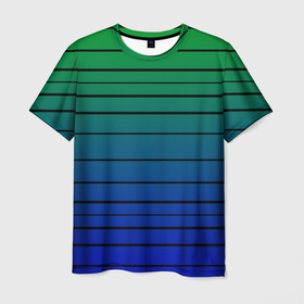 Мужская футболка 3D с принтом Черные полосы на синем, зеленом градиенте , 100% полиэфир | прямой крой, круглый вырез горловины, длина до линии бедер | Тематика изображения на принте: black stripes | blue | gradient | green | horizontal | lines | minimalism | ombre | simple | striped | stripes | горизонталь | градиент | зеленый | линии | минимализм | омбре | полосатый | полосы | простой | синий | черные полосы