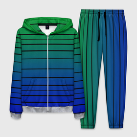 Мужской костюм 3D с принтом Черные полосы на синем, зеленом градиенте в Новосибирске, 100% полиэстер | Манжеты и пояс оформлены тканевой резинкой, двухслойный капюшон со шнурком для регулировки, карманы спереди | black stripes | blue | gradient | green | horizontal | lines | minimalism | ombre | simple | striped | stripes | горизонталь | градиент | зеленый | линии | минимализм | омбре | полосатый | полосы | простой | синий | черные полосы
