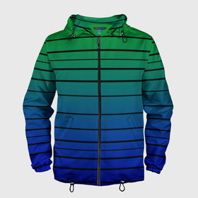 Мужская ветровка 3D с принтом Черные полосы на синем, зеленом градиенте в Новосибирске, 100% полиэстер | подол и капюшон оформлены резинкой с фиксаторами, два кармана без застежек по бокам, один потайной карман на груди | black stripes | blue | gradient | green | horizontal | lines | minimalism | ombre | simple | striped | stripes | горизонталь | градиент | зеленый | линии | минимализм | омбре | полосатый | полосы | простой | синий | черные полосы
