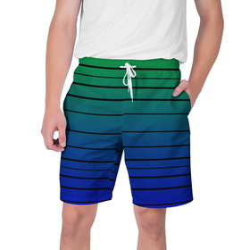 Мужские шорты 3D с принтом Черные полосы на синем, зеленом градиенте в Кировске,  полиэстер 100% | прямой крой, два кармана без застежек по бокам. Мягкая трикотажная резинка на поясе, внутри которой широкие завязки. Длина чуть выше колен | black stripes | blue | gradient | green | horizontal | lines | minimalism | ombre | simple | striped | stripes | горизонталь | градиент | зеленый | линии | минимализм | омбре | полосатый | полосы | простой | синий | черные полосы
