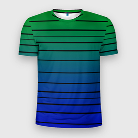 Мужская футболка 3D Slim с принтом Черные полосы на синем, зеленом градиенте в Новосибирске, 100% полиэстер с улучшенными характеристиками | приталенный силуэт, круглая горловина, широкие плечи, сужается к линии бедра | Тематика изображения на принте: black stripes | blue | gradient | green | horizontal | lines | minimalism | ombre | simple | striped | stripes | горизонталь | градиент | зеленый | линии | минимализм | омбре | полосатый | полосы | простой | синий | черные полосы