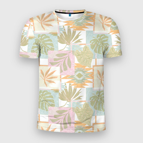 Мужская футболка 3D Slim с принтом Этнический тропический лоскутный в Курске, 100% полиэстер с улучшенными характеристиками | приталенный силуэт, круглая горловина, широкие плечи, сужается к линии бедра | ethnic | green | leaves | mexican | monstera | orange | ornament | palm | palm leaf | patchwork | tribal | tropical | white | белый | зеленый | лист пальмы | листья | лоскутный | мексиканский | монстера | оранжевый | орнамент | пальма | пастель | племенно
