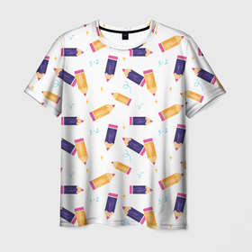 Мужская футболка 3D с принтом Карандашики в Новосибирске, 100% полиэфир | прямой крой, круглый вырез горловины, длина до линии бедер | 1 сентярбря | день знаний | карандаши | первоклассник | цифры | школа