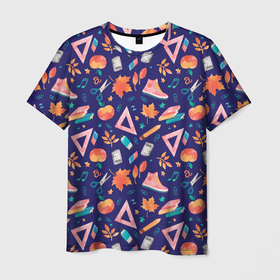 Мужская футболка 3D с принтом Школьные атрибуты , 100% полиэфир | прямой крой, круглый вырез горловины, длина до линии бедер | 1 сентярбря | день знаний | листья | осень | первоклассник | школа