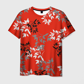 Мужская футболка 3D с принтом Черные и серые ветки на красном фоне в японском стиле в Новосибирске, 100% полиэфир | прямой крой, круглый вырез горловины, длина до линии бедер | autumn | berries | berry | black | branches | china | fall | gray | japan | leaves | oriental | pattern | red | rowanberry | ветви | ветки | восток | восточный стиль | китай | красный | листья | осень | паттерн | рябина | серый | черный | ягоды | япония