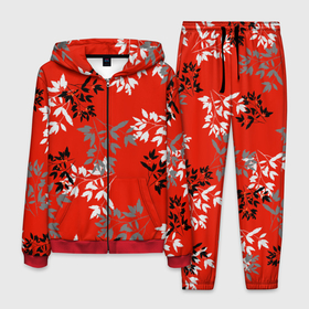 Мужской костюм 3D с принтом Черные и серые ветки на красном фоне в японском стиле , 100% полиэстер | Манжеты и пояс оформлены тканевой резинкой, двухслойный капюшон со шнурком для регулировки, карманы спереди | Тематика изображения на принте: autumn | berries | berry | black | branches | china | fall | gray | japan | leaves | oriental | pattern | red | rowanberry | ветви | ветки | восток | восточный стиль | китай | красный | листья | осень | паттерн | рябина | серый | черный | ягоды | япония