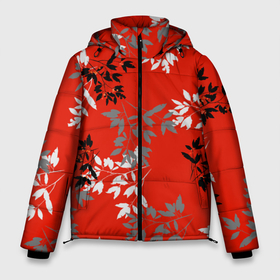 Мужская зимняя куртка 3D с принтом Черные и серые ветки на красном фоне в японском стиле в Санкт-Петербурге, верх — 100% полиэстер; подкладка — 100% полиэстер; утеплитель — 100% полиэстер | длина ниже бедра, свободный силуэт Оверсайз. Есть воротник-стойка, отстегивающийся капюшон и ветрозащитная планка. 

Боковые карманы с листочкой на кнопках и внутренний карман на молнии. | Тематика изображения на принте: autumn | berries | berry | black | branches | china | fall | gray | japan | leaves | oriental | pattern | red | rowanberry | ветви | ветки | восток | восточный стиль | китай | красный | листья | осень | паттерн | рябина | серый | черный | ягоды | япония