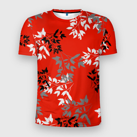 Мужская футболка 3D Slim с принтом Черные и серые ветки на красном фоне в японском стиле в Кировске, 100% полиэстер с улучшенными характеристиками | приталенный силуэт, круглая горловина, широкие плечи, сужается к линии бедра | autumn | berries | berry | black | branches | china | fall | gray | japan | leaves | oriental | pattern | red | rowanberry | ветви | ветки | восток | восточный стиль | китай | красный | листья | осень | паттерн | рябина | серый | черный | ягоды | япония