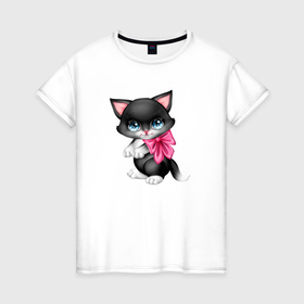 Женская футболка хлопок с принтом Черный котенок с бантиком в Тюмени, 100% хлопок | прямой крой, круглый вырез горловины, длина до линии бедер, слегка спущенное плечо | кот | котенок | котик | кошечка | кошка | черный кот