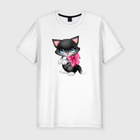 Мужская футболка хлопок Slim с принтом Черный котенок с бантиком в Курске, 92% хлопок, 8% лайкра | приталенный силуэт, круглый вырез ворота, длина до линии бедра, короткий рукав | кот | котенок | котик | кошечка | кошка | черный кот