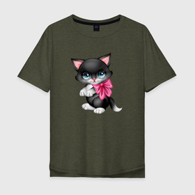 Мужская футболка хлопок Oversize с принтом Черный котенок с бантиком в Курске, 100% хлопок | свободный крой, круглый ворот, “спинка” длиннее передней части | кот | котенок | котик | кошечка | кошка | черный кот