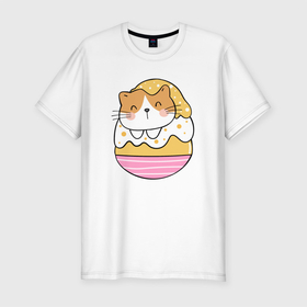 Мужская футболка хлопок Slim с принтом Кот   пирожное , 92% хлопок, 8% лайкра | приталенный силуэт, круглый вырез ворота, длина до линии бедра, короткий рукав | кот | котенок | котик | кошка | пирожное