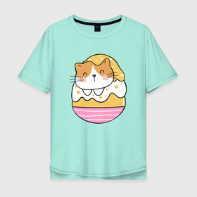 Мужская футболка хлопок Oversize с принтом Кот   пирожное в Санкт-Петербурге, 100% хлопок | свободный крой, круглый ворот, “спинка” длиннее передней части | кот | котенок | котик | кошка | пирожное