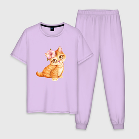 Мужская пижама хлопок с принтом Рыжая кошечка с цветочком на ухе в Белгороде, 100% хлопок | брюки и футболка прямого кроя, без карманов, на брюках мягкая резинка на поясе и по низу штанин
 | кот | котик | кошка | розовый цветок | рыжая | рыжая кошка | цветочек