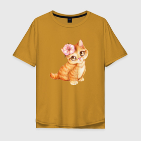 Мужская футболка хлопок Oversize с принтом Рыжая кошечка с цветочком на ухе в Петрозаводске, 100% хлопок | свободный крой, круглый ворот, “спинка” длиннее передней части | кот | котик | кошка | розовый цветок | рыжая | рыжая кошка | цветочек