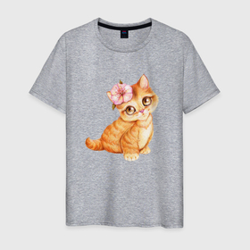 Мужская футболка хлопок с принтом Рыжая кошечка с цветочком на ухе в Белгороде, 100% хлопок | прямой крой, круглый вырез горловины, длина до линии бедер, слегка спущенное плечо. | кот | котик | кошка | розовый цветок | рыжая | рыжая кошка | цветочек
