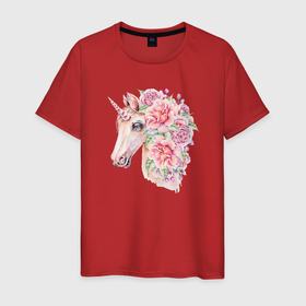 Мужская футболка хлопок с принтом Белый единорог в цветах в Санкт-Петербурге, 100% хлопок | прямой крой, круглый вырез горловины, длина до линии бедер, слегка спущенное плечо. | единорог | лошадка | лошадь | пони | цветы