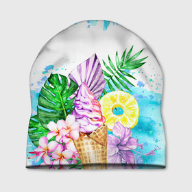 Шапка 3D с принтом Тропический рай и мороженое в Санкт-Петербурге, 100% полиэстер | универсальный размер, печать по всей поверхности изделия | акварель | акварельный | ананас | летний | лето | лист пальмы | монстера | мороженое | отдых | рисунки | рисунок | тропики | тропический | фрукты | цветы | экзотические цветы | экзотический