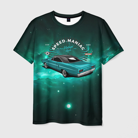 Мужская футболка 3D с принтом Гоночный бирюзовый ретро автомобиль в Петрозаводске, 100% полиэфир | прямой крой, круглый вырез горловины, длина до линии бедер | Тематика изображения на принте: авто | автомобиль | гонка | гонки | гоночный | ретро автомобиль