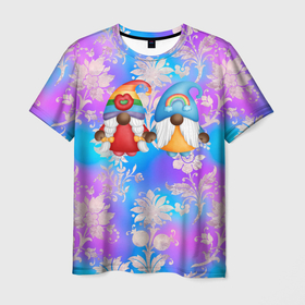 Мужская футболка 3D с принтом Два гномика в цветах в Новосибирске, 100% полиэфир | прямой крой, круглый вырез горловины, длина до линии бедер | гном | гномики | любовь | радуга | радужные | цветы