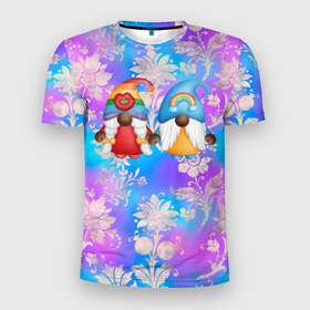 Мужская футболка 3D Slim с принтом Два гномика в цветах в Кировске, 100% полиэстер с улучшенными характеристиками | приталенный силуэт, круглая горловина, широкие плечи, сужается к линии бедра | гном | гномики | любовь | радуга | радужные | цветы