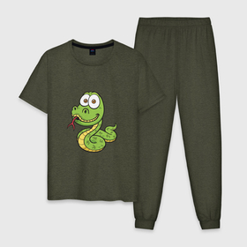 Мужская пижама хлопок с принтом Зелёная Змейка , 100% хлопок | брюки и футболка прямого кроя, без карманов, на брюках мягкая резинка на поясе и по низу штанин
 | 