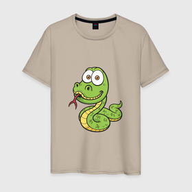 Мужская футболка хлопок с принтом Зелёная Змейка , 100% хлопок | прямой крой, круглый вырез горловины, длина до линии бедер, слегка спущенное плечо. | Тематика изображения на принте: 