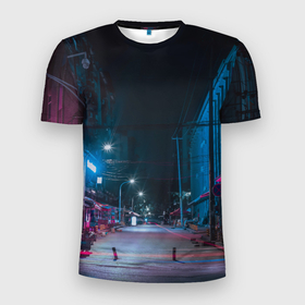 Мужская футболка 3D Slim с принтом Неоновая пустая улица города   Синий в Тюмени, 100% полиэстер с улучшенными характеристиками | приталенный силуэт, круглая горловина, широкие плечи, сужается к линии бедра | abstraction | art | artwork | city | colorful | colors | dark | darkness | graphics | neon | night | patterns | street | surrealism | sweethuman | sweethumen | абстракция | арт | город | графика | искусство | неон | ночь | разноцветный | сюрреализм | темн