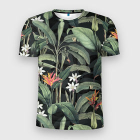 Мужская футболка 3D Slim с принтом Цветы Зелёных Джунглей в Белгороде, 100% полиэстер с улучшенными характеристиками | приталенный силуэт, круглая горловина, широкие плечи, сужается к линии бедра | flowers | summer | букет | джунгли | зелёный | лето | природа | растение | сад | садоводство | флора | цветы