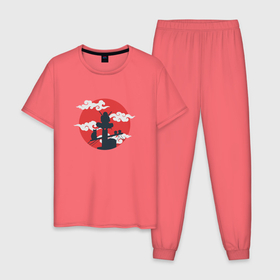 Мужская пижама хлопок с принтом НИНДЗЯ С КОТИКОМ в Тюмени, 100% хлопок | брюки и футболка прямого кроя, без карманов, на брюках мягкая резинка на поясе и по низу штанин
 | ninja | воин | котик | ниндзя | разведчик | шпион | япония | японский воин