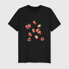 Мужская футболка хлопок Slim с принтом Клубничная россыпь в Тюмени, 92% хлопок, 8% лайкра | приталенный силуэт, круглый вырез ворота, длина до линии бедра, короткий рукав | berries | green | red | strawberry | summer | sweet | зеленый | зелень | клубника | клубничка | красный | лето | нарисовано вручную | сладкий | ягоды