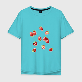Мужская футболка хлопок Oversize с принтом Клубничная россыпь в Петрозаводске, 100% хлопок | свободный крой, круглый ворот, “спинка” длиннее передней части | berries | green | red | strawberry | summer | sweet | зеленый | зелень | клубника | клубничка | красный | лето | нарисовано вручную | сладкий | ягоды