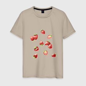 Мужская футболка хлопок с принтом Клубничная россыпь в Новосибирске, 100% хлопок | прямой крой, круглый вырез горловины, длина до линии бедер, слегка спущенное плечо. | berries | green | red | strawberry | summer | sweet | зеленый | зелень | клубника | клубничка | красный | лето | нарисовано вручную | сладкий | ягоды