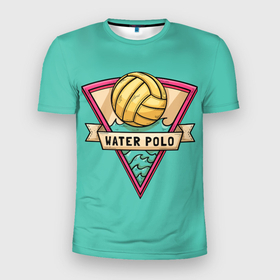 Мужская футболка 3D Slim с принтом Водное поло   золотой мяч в Белгороде, 100% полиэстер с улучшенными характеристиками | приталенный силуэт, круглая горловина, широкие плечи, сужается к линии бедра | Тематика изображения на принте: water polo | водное поло | поло на воде | полос мячом | спорт