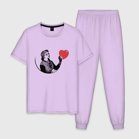 Мужская пижама хлопок с принтом Девушка трогает сердце в Новосибирске, 100% хлопок | брюки и футболка прямого кроя, без карманов, на брюках мягкая резинка на поясе и по низу штанин
 | графика | девушка | любовь | мило | сердечко | сердце