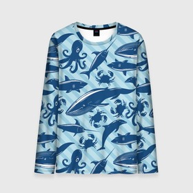 Мужской лонгслив 3D с принтом Жители океанских глубин в Санкт-Петербурге, 100% полиэстер | длинные рукава, круглый вырез горловины, полуприлегающий силуэт | crab | dolphin | marlin | ocean | octopus | shark | whale | акула | дельфин | кит | краб | марлин | океан | осьминог
