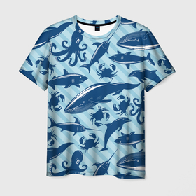 Мужская футболка 3D с принтом Жители океанских глубин в Екатеринбурге, 100% полиэфир | прямой крой, круглый вырез горловины, длина до линии бедер | Тематика изображения на принте: crab | dolphin | marlin | ocean | octopus | shark | whale | акула | дельфин | кит | краб | марлин | океан | осьминог