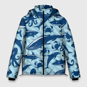 Мужская зимняя куртка 3D с принтом Жители океанских глубин в Новосибирске, верх — 100% полиэстер; подкладка — 100% полиэстер; утеплитель — 100% полиэстер | длина ниже бедра, свободный силуэт Оверсайз. Есть воротник-стойка, отстегивающийся капюшон и ветрозащитная планка. 

Боковые карманы с листочкой на кнопках и внутренний карман на молнии. | crab | dolphin | marlin | ocean | octopus | shark | whale | акула | дельфин | кит | краб | марлин | океан | осьминог