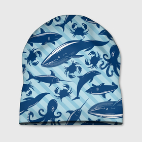 Шапка 3D с принтом Жители океанских глубин в Екатеринбурге, 100% полиэстер | универсальный размер, печать по всей поверхности изделия | Тематика изображения на принте: crab | dolphin | marlin | ocean | octopus | shark | whale | акула | дельфин | кит | краб | марлин | океан | осьминог
