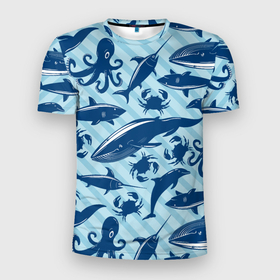 Мужская футболка 3D Slim с принтом Жители океанских глубин в Екатеринбурге, 100% полиэстер с улучшенными характеристиками | приталенный силуэт, круглая горловина, широкие плечи, сужается к линии бедра | Тематика изображения на принте: crab | dolphin | marlin | ocean | octopus | shark | whale | акула | дельфин | кит | краб | марлин | океан | осьминог