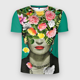 Мужская футболка 3D Slim с принтом Фрида Кало   Арт Портрет в Петрозаводске, 100% полиэстер с улучшенными характеристиками | приталенный силуэт, круглая горловина, широкие плечи, сужается к линии бедра | Тематика изображения на принте: frida kahlo | букет | фрида | художник | цветы