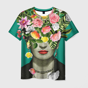Мужская футболка 3D с принтом Фрида Кало   Арт Портрет в Екатеринбурге, 100% полиэфир | прямой крой, круглый вырез горловины, длина до линии бедер | frida kahlo | букет | фрида | художник | цветы