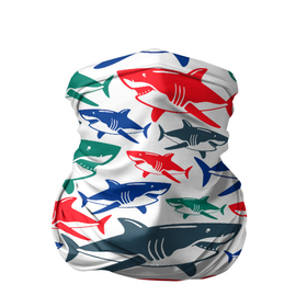Бандана-труба 3D с принтом Стая разноцветных акул   паттерн в Новосибирске, 100% полиэстер, ткань с особыми свойствами — Activecool | плотность 150‒180 г/м2; хорошо тянется, но сохраняет форму | color | fin | jaw | pack | pattern | shark | summer | tail | teeth | акула | зубы | лето | пасть | паттерн | плавник | стая | хвост | цвет